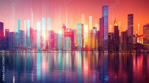 Cityscape at Sunset with Digital Overlay