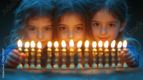 Three children celebrate by a row of lit candles, creating a warm, festive atmosphere.