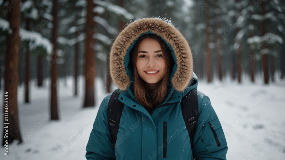 A smiling young woman in a teal winter coat with a fur-lined hood poses in a snowy forest, radiating warmth and joy amidst the serene, snow-covered landscape.