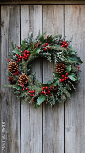 Holiday wreath crafted with evergreen, pinecones, and red berries for seasona...