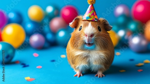Cute guinea pig celebrates birthday with colorful decorations and party hat