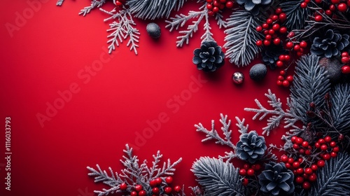 Festive winter arrangement with pine cones and berries on vibrant red backdrop