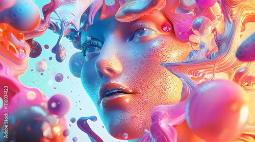 A colorful, abstract image of a face with flowing, liquid-like shapes and colors. photo