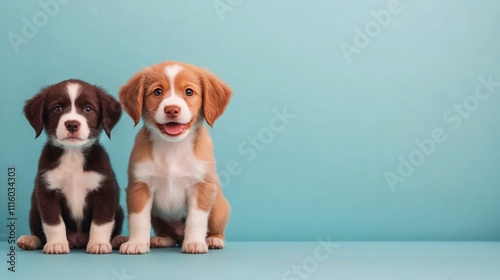 Cute puppies posing together in a bright room with a turquoise background