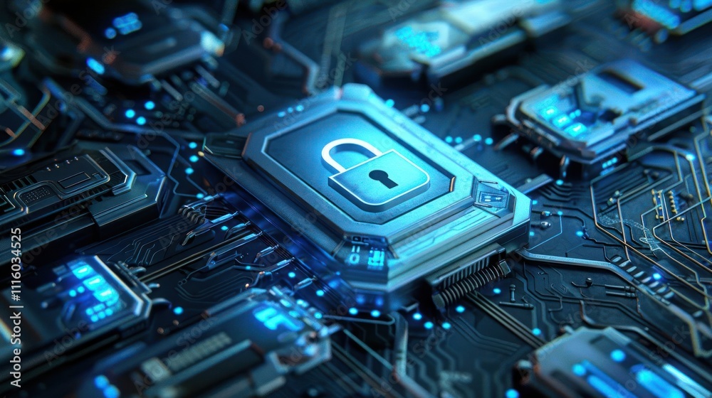 Fototapeta premium A digital circuit board featuring a secure lock symbol, representing cybersecurity technology.
