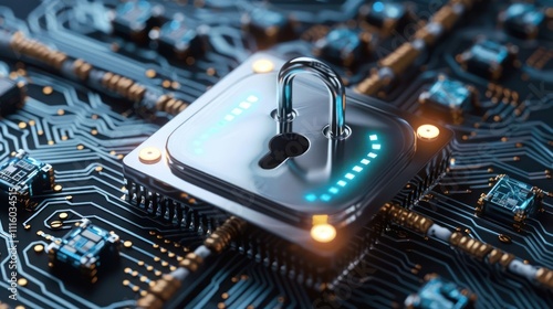 A digital lock on a circuit board, symbolizing cybersecurity and data protection.