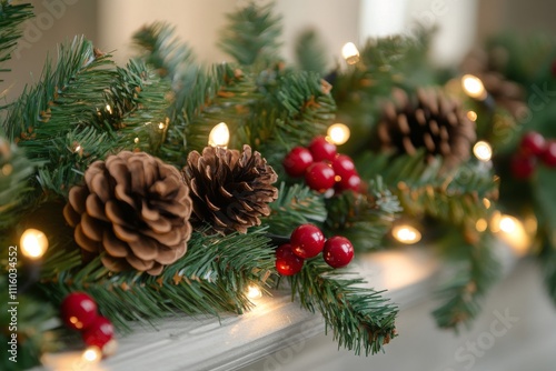 Elegant holiday garland with pine cones and berries illuminated by warm lights