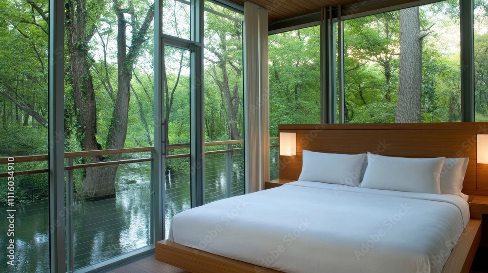 Fototapeta premium Serene Lakeside Retreat in Lush Forest Surroundings