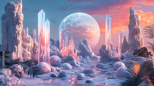 A landscape of pale, icy rock formations, crystal structures, and large, pale spheres. A large moon is visible in the background. photo