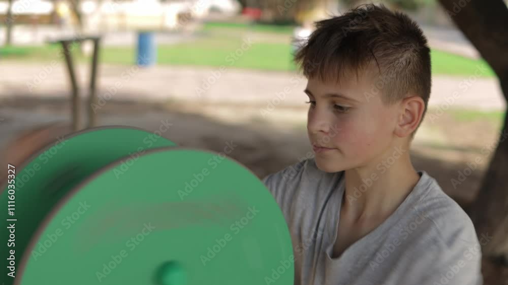 Young boy in a grey t-shirt spins a green wheel at an outdoor park, relishing a sunny day filled with laughter and energy during active play and recreation