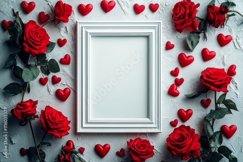 Arrangement of red roses and hearts surrounding a blank frame for heartfelt m...