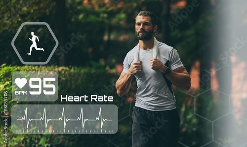 Man running in the park. Runner check heartbeat, steps and distance. Technology, health concept.
