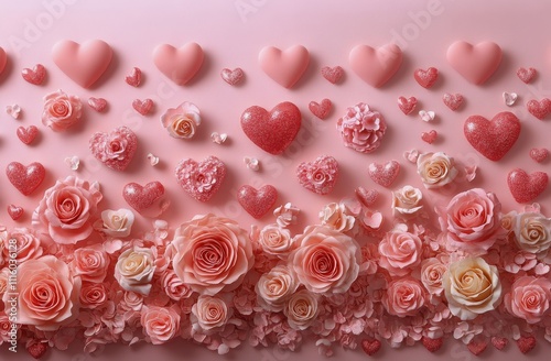 Beautiful arrangement of pink roses and hearts for romantic celebrations or e...