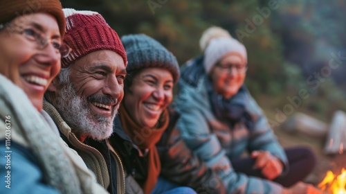 A group Of four older adults sitting around a campfire exuding warmth and camaraderie.