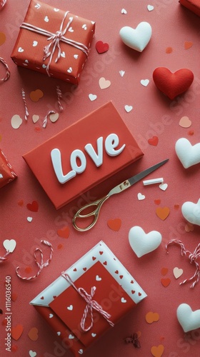 Festive red gift boxes arranged on a pink background for a special occasion c...
