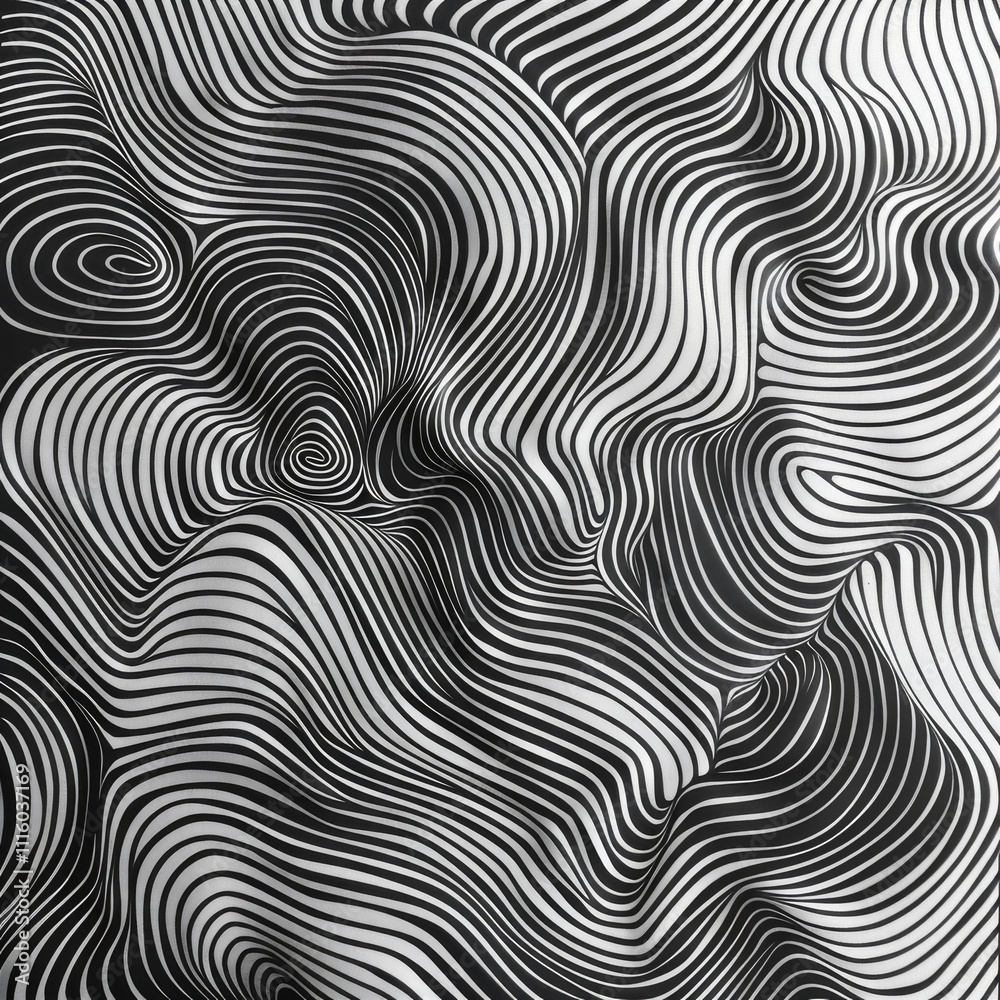 Dynamic black and white wavy lines create mesmerizing abstract pattern, evoking sense of movement and fluidity. intricate design draws eye and stimulates imagination