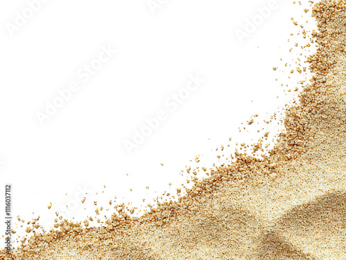 Sand round frame, border. Fine scattered sand particles, perfect for texture, natural elements, and desert themed designs. Isolated cutout on transparent or white background.