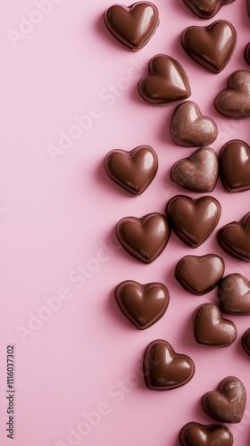 Indulgent chocolates in heart shapes arranged on a pink background for a roma...