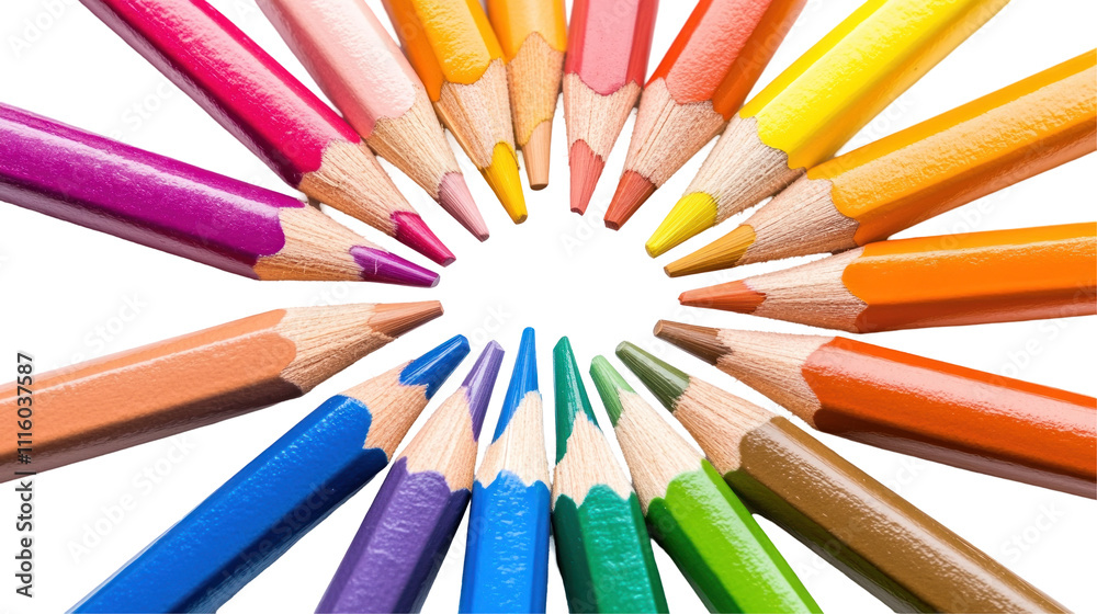 Naklejka premium A circular arrangement of colored pencils showcasing vibrant hues, ideal for artistic creation and expression.