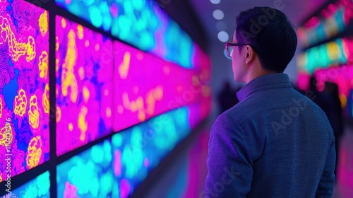 A person observing vibrant digital art installations in a modern tech exhibition. photo