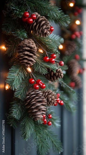 Festive garland decorated with pinecones and red berries illuminated by warm ...