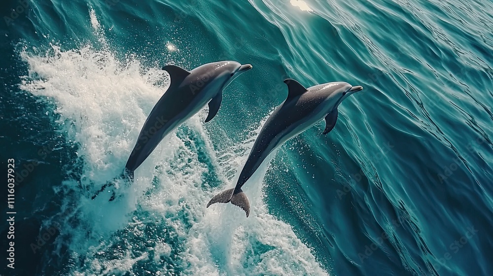 Obraz premium Two dolphins leap, ocean waves splash.