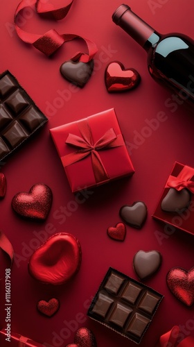 Romantic red decor with wine, chocolates, and gifts for special occasions
