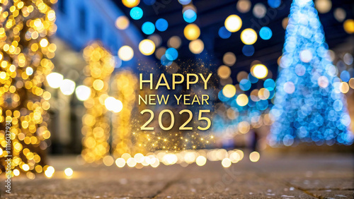 Happy New year welcome 2025 The year 2025 shines Christmas brightly amidst a backdrop of golden hues and blue bokeh background 