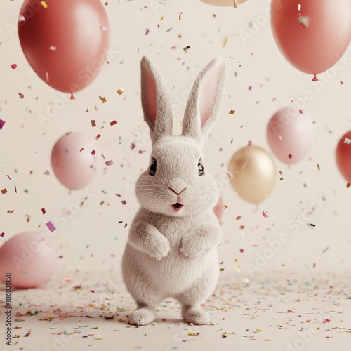 Cute white bunny surrounded by colorful balloons and confetti at a celebration
