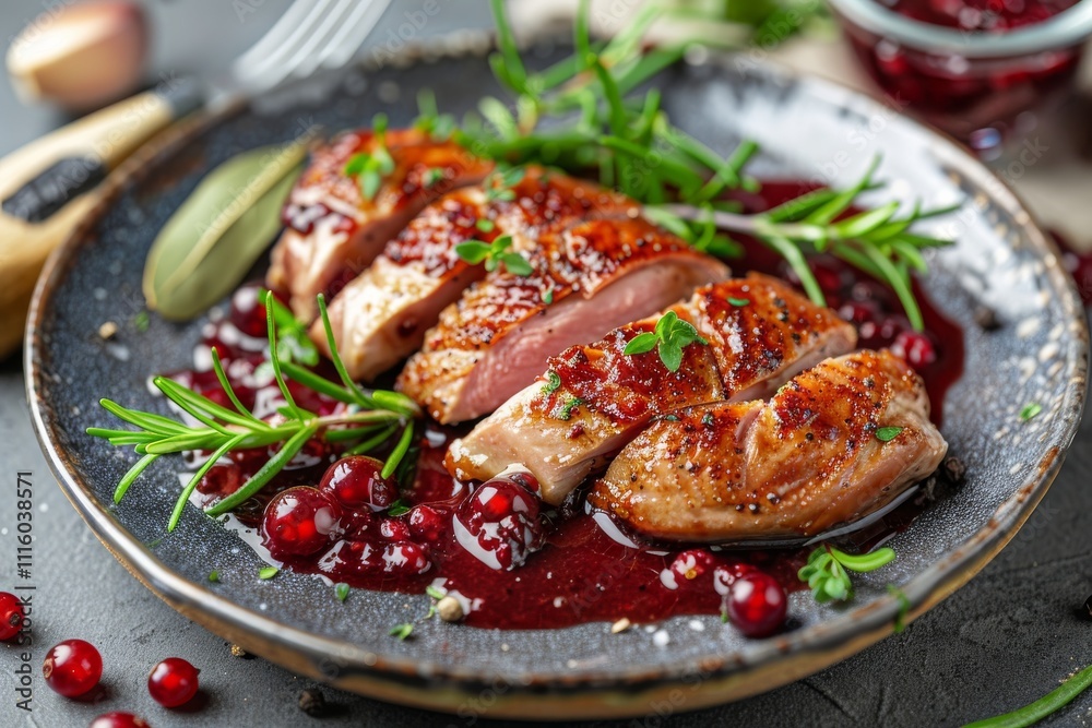 Pan-seared duck breast with a rich berry sauce and a flavorful garnish Pan-seared duck breast with a rich berry sauce and a flavorful garnish