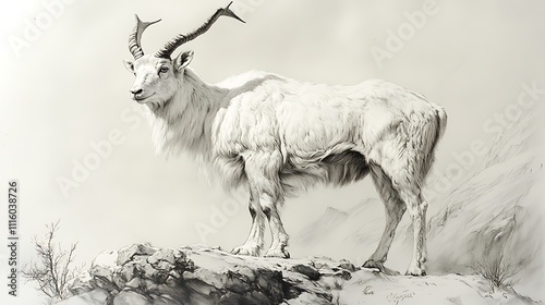 Pencil drawn Markhor in motion hand crafted wildlife art illustration photo