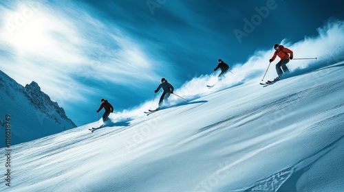 Group of skiers enjoying a sunny day on fresh powder snow in the mountains