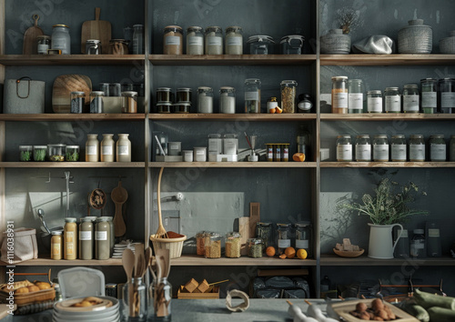 A beautifully organized kitchen shelf filled with jars, containers, and various kitchen items, showcasing blend of modern and rustic styles. warm lighting enhances inviting atmosphere