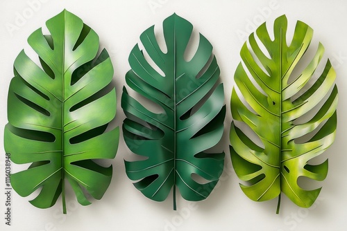 Colorful tropical leaves arranged in a decorative display on a white background