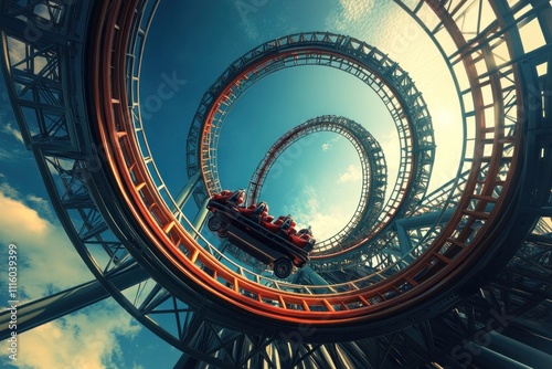 Wallpaper Mural Roller coaster car ascending a spiral track against a bright sky. Torontodigital.ca