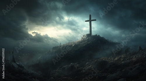 A majestic holy cross stands tall on a rocky hillside, embraced by swirling clouds and fading light of dusk. The atmosphere conveys a sense of solemnity and reflection
