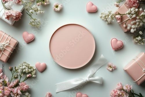 Creative layout with pink gifts and flowers for a special celebration occasion