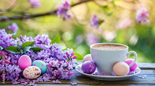 A cup of coffee lilac blossoms and easter eggs in a springy scene