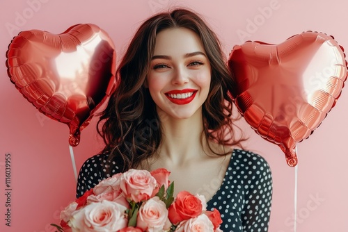 Woman smiling with red heart balloons and bouquet of roses against pink backg...