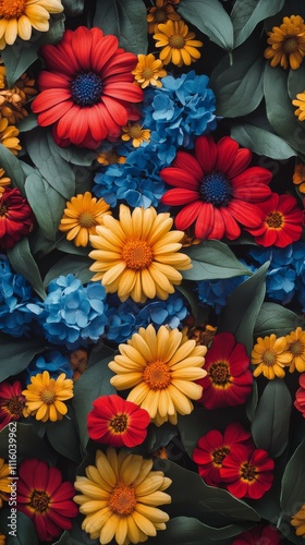 Vibrant display of colorful flowers surrounded by lush green leaves in a natu...