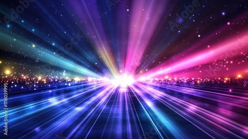 Vibrant light rays explode from a central point, creating a dynamic, colorful, and energetic composition.