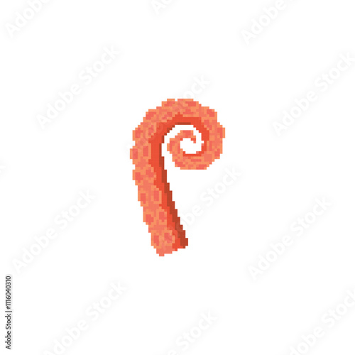 Pixelated octopus tentacle illustration. Simple pixel art of a curled orange octopus tentacle with suction cups