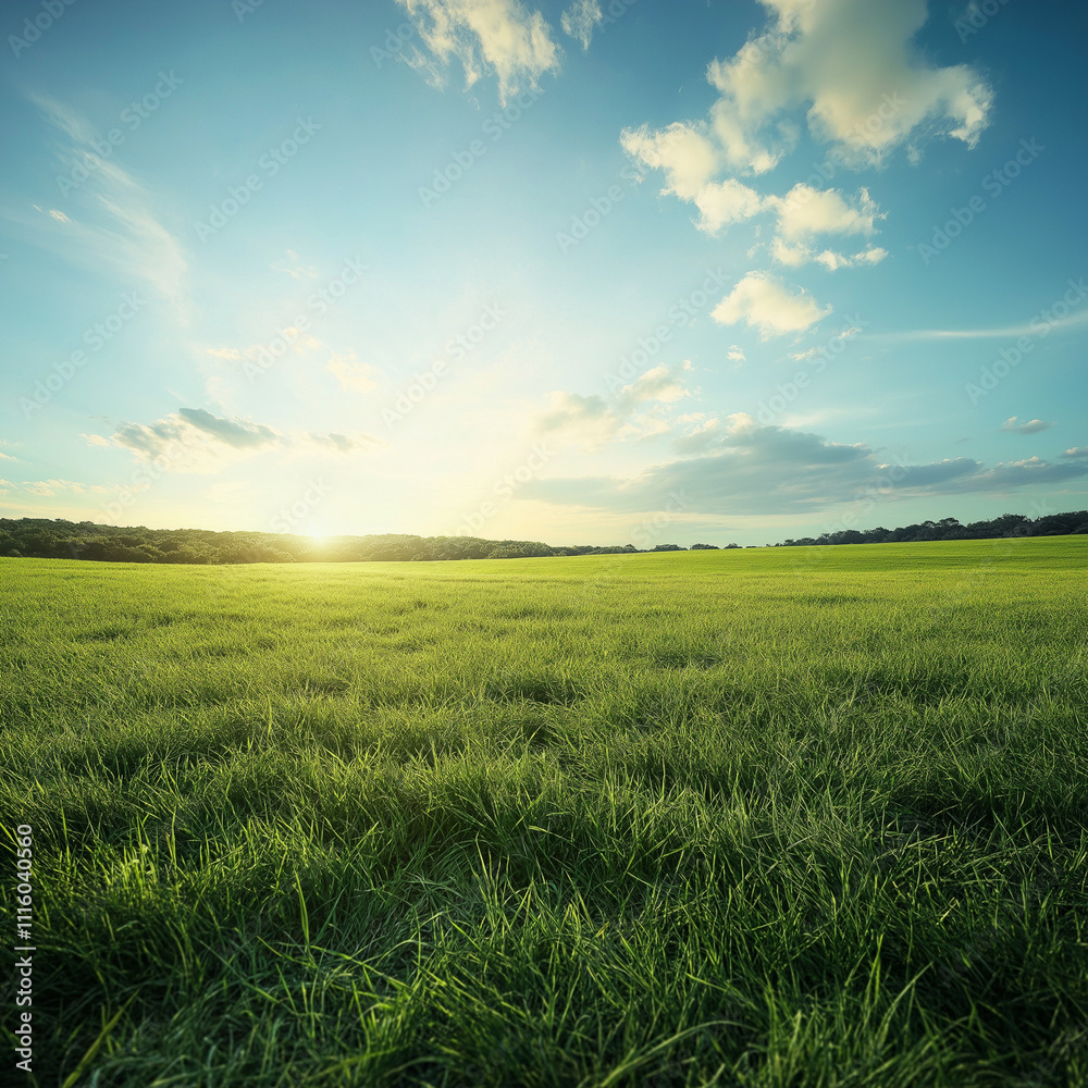 Obraz premium A vast grassland under a vibrant sky, the sunlight touching the field softly, a serene landscape