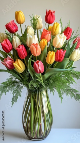 Colorful tulip bouquet in a textured vase placed on a simple table