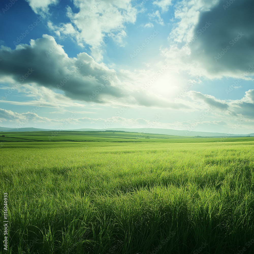 Obraz premium A vast grassland under a vibrant sky, the sunlight touching the field softly, a serene landscape