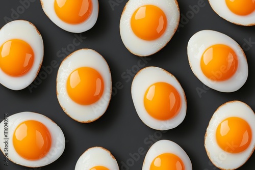 Bright and colorful fried eggs arranged on a dark background for a delicious ...