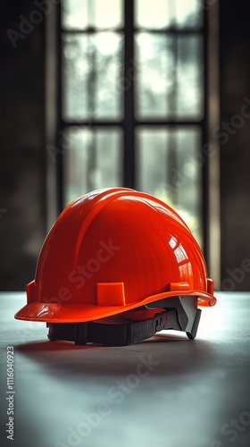 Bright orange hard hat resting on a table in an industrial workspace with lar...
