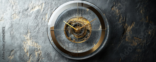 A contemporary wall clock with a round, clear acrylic face showcasing a floating inner mechanism and gold accents, set against a textured gray wall