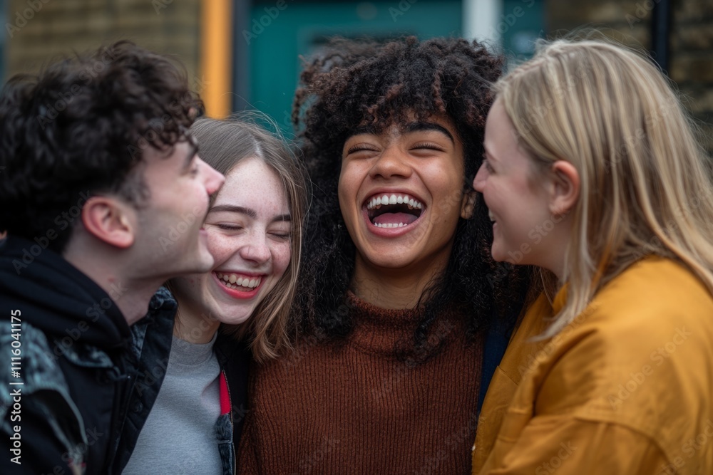 Obraz premium A joyful moment among friends captured in a candid shot. Laughter brings people closer together. This image radiates happiness and warmth. Generative AI.