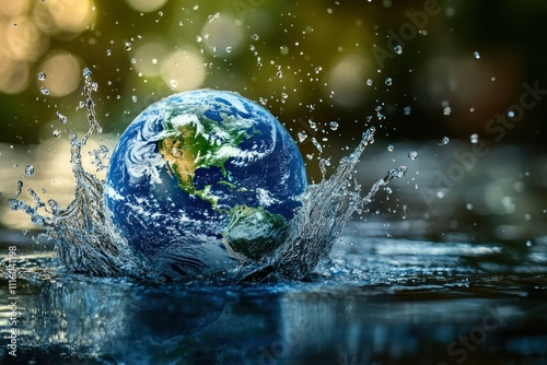 Earth Splashing in Water with a Beautiful Bokeh Background, Symbolizing Environmental Awareness and Global Connectivity in Nature and Sustainability